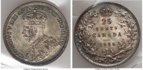 George V 25 Cents 1936 MS63 ICCS, Royal Canadian mint, KM24a. Toned in graphite over pearly surfaces containing peripheral traces of blue iridescence....