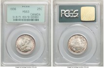George V 25 Cents 1936 MS63 PCGS, Royal Canadian mint, KM24a. A relatively more attainable date, though highly collectible in this choice condition. H...