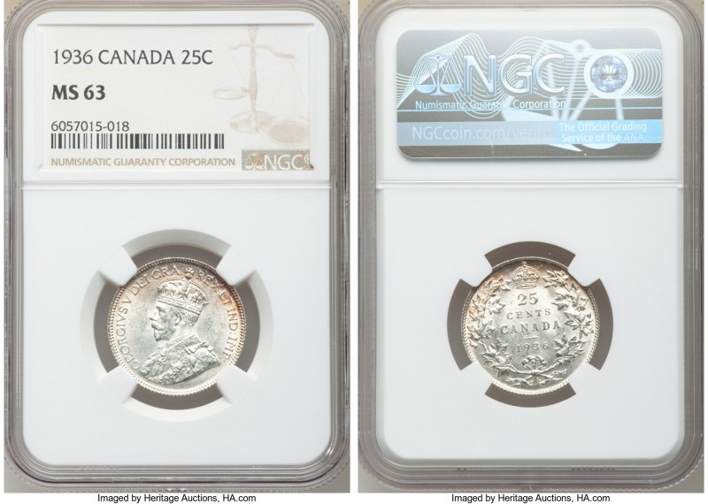George V "Bar" 25 Cents 1936 MS63 NGC, Royal Canadian mint, KM24a. Die break ("b...
