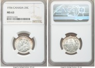 George V "Bar" 25 Cents 1936 MS63 NGC, Royal Canadian mint, KM24a. Die break ("bar") connecting the ribbon ties on the reverse. Sharply struck, with b...