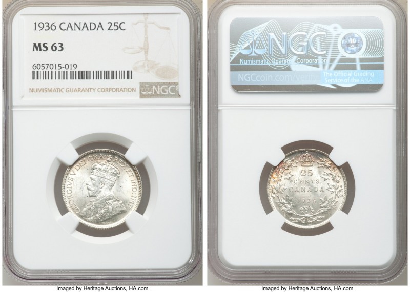 George V 25 Cents 1936 MS63 NGC, Royal Canadian mint, KM24a. Lightly toned at th...