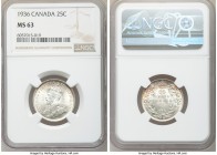 George V 25 Cents 1936 MS63 NGC, Royal Canadian mint, KM24a. Lightly toned at the periphery, exploding to a mélange of fiery hues to the reverse. Scat...