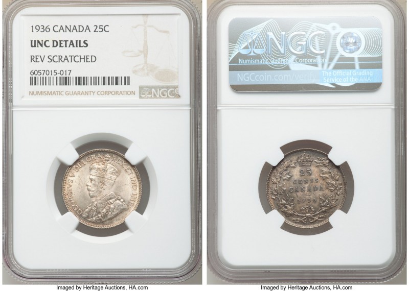 George V "Bar" 25 Cents 1936 UNC Details (Reverse Scratched) NGC, Royal Canadian...