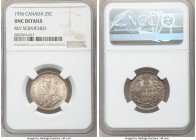 George V "Bar" 25 Cents 1936 UNC Details (Reverse Scratched) NGC, Royal Canadian mint, KM24a. Die break ("bar") connecting the ribbon ties on the reve...