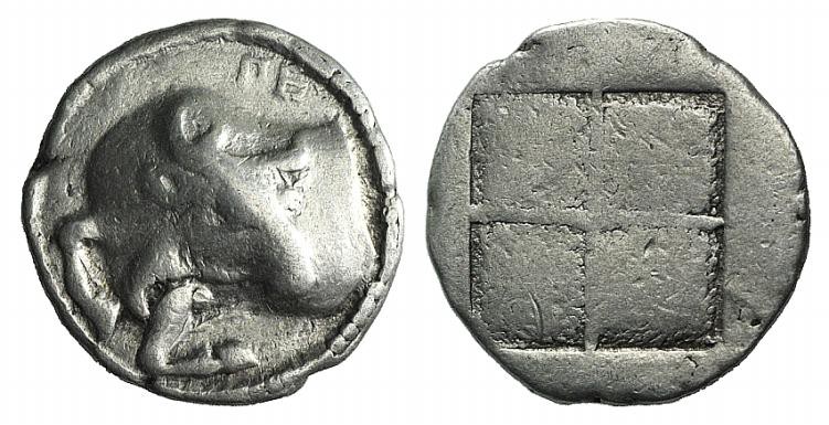 Macedon, Akanthos, c. 470-390 BC. AR Tetrobol (15mm, 2.29g). Forepart of bull l....