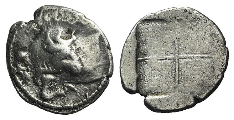 Macedon, Akanthos, c. 470-390 BC. AR Tetrobol (15mm, 2.33g). Forepart of bull l....