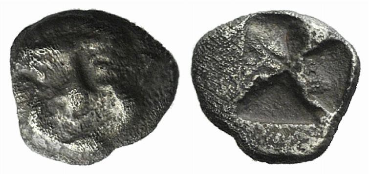 Macedon, Neapolis, c. 500-480 BC. AR Hemiobol (6mm, 0.57g). Facing gorgoneion. R...