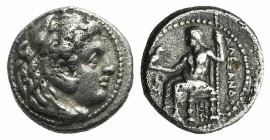 Kings of Macedon, Alexander III ‘the Great’ (336-323 BC). AR Drachm (15mm, 3.99g, 3h). Babylon, c. 325-323 BC. Head of Herakles r. wearing lion's skin...