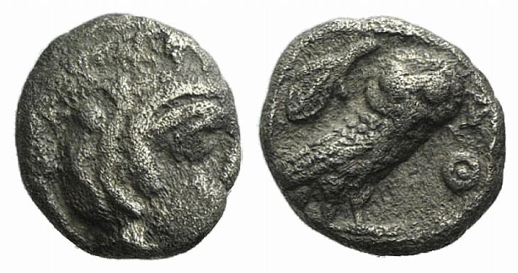 Attica, Athens, c. 454-404 BC. AR Obol (8mm, 0.64g, 2h). Helmeted head of Athena...