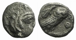 Attica, Athens, c. 454-404 BC. AR Obol (8mm, 0.64g, 2h). Helmeted head of Athena r. R/ Owl standing r., head facing; olive sprig and crescent behind; ...