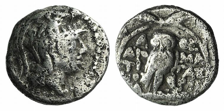 Attica, Athens, c. 146-145 BC. AR Hemidrachm (12mm, 1.86g, 12h). Head of Athena ...