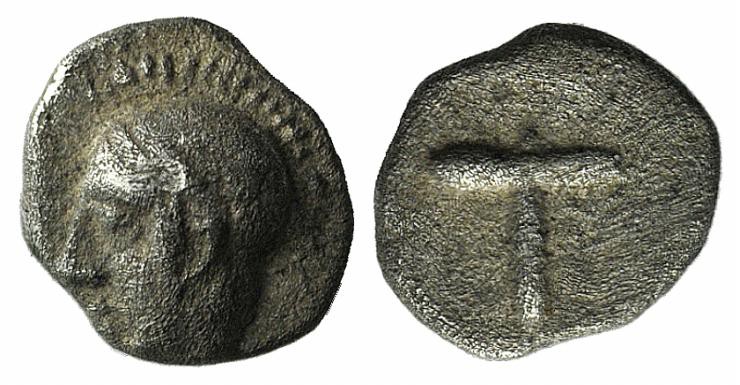 Arkadia, Tegea, c. 423-400 BC. AR Tetartemorion (5mm, 0.24g, 6h). Helmeted head ...