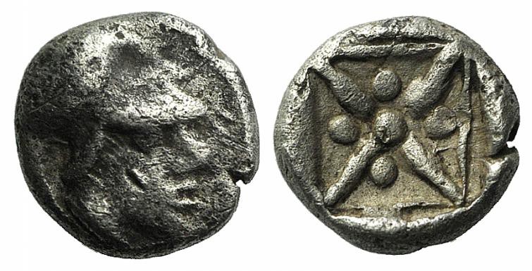 Asia Minor, Uncertain mint, 5th century BC. AR Hemiobol (5mm, 0.42g). Helmeted h...