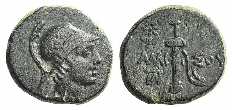 Pontos, Amisos, c. 111-90 BC. Æ (21mm, 8.42g, 12h). Helmeted head of Athena r. R...