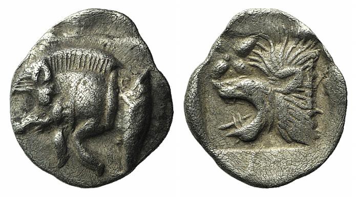 Mysia, Kyzikos, c. 450-400 BC. AR Hemiobol (8mm, 0.40g, 9h). Forepart of boar l....
