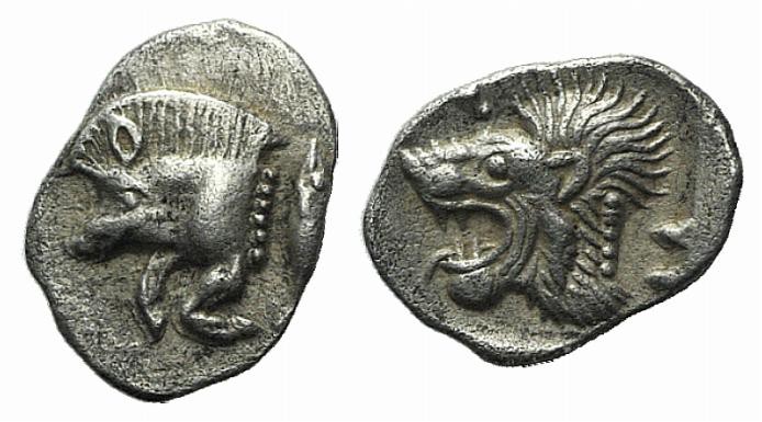 Mysia, Kyzikos, c. 450-400 BC. AR Hemiobol (9mm, 0.42g, 9h). Forepart of boar l....