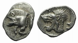 Mysia, Kyzikos, c. 450-400 BC. AR Hemiobol (9mm, 0.42g, 9h). Forepart of boar l.; tunny to r. R/ Head of lion l.; star to l.; all within incuse square...