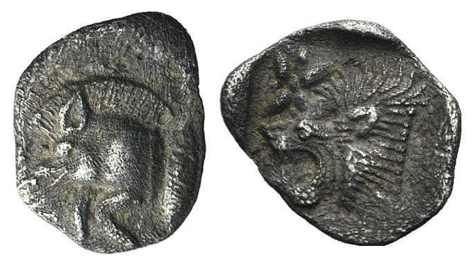 Mysia, Kyzikos, c. 450-400 BC. AR Hemiobol (8mm, 0.32g). Forepart of boar l.; tu...