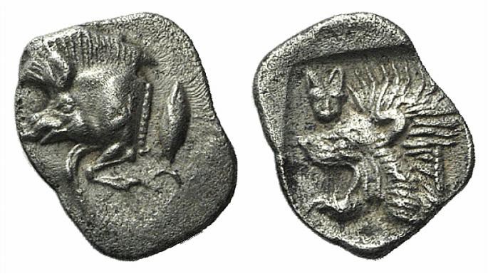 Mysia, Kyzikos, c. 450-400 BC. AR Hemiobol (8mm, 0.41g, 9h). Forepart of boar l....