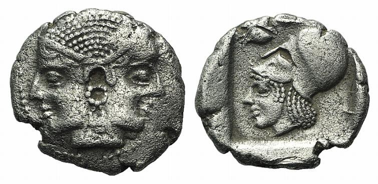 Mysia, Lampsakos, c. 500-450 BC. AR Drachm (18mm, 4.46g, 11h). Janiform female h...