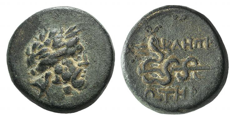 Mysia, Pergamon, c. 133-27 BC. Æ (15mm, 4.09g, 12h). Laureate head of Asklepios ...