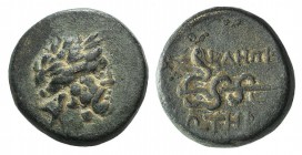 Mysia, Pergamon, c. 133-27 BC. Æ (15mm, 4.09g, 12h). Laureate head of Asklepios r. R/ Serpent-entwined staff of Asklepios. SNG BnF 1828-48. Green pati...