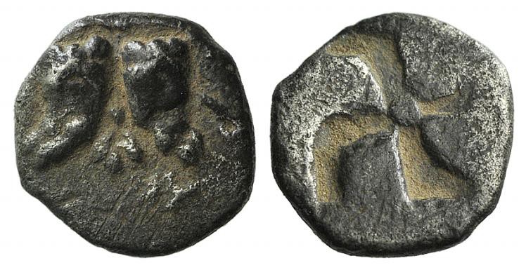 Troas, Kebren, 5th century BC. AR Hemiobol (7mm, 0.40g). Two ram’s heads downwar...