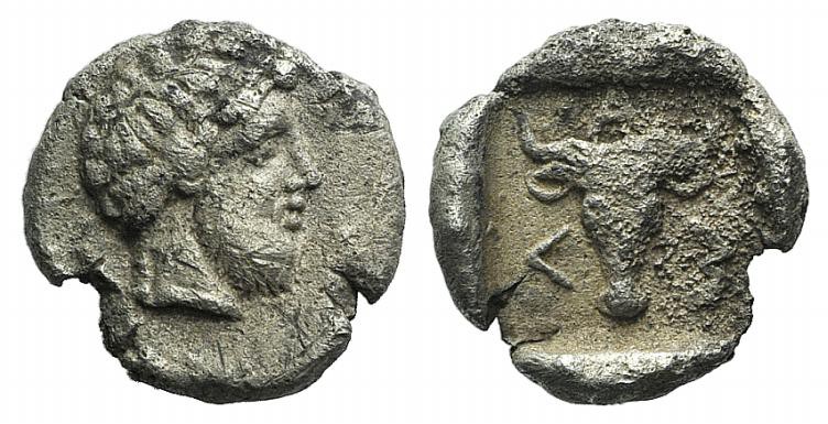 Troas, Lamponeia, 4th century BC. AR Drachm (15mm, 2.88g). Bearded head of Diony...