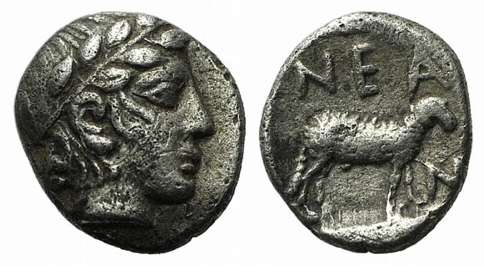 Troas, Neandria, 4th century BC. AR Obol (7mm, 0.55g, 12h). Laureate head of Apo...