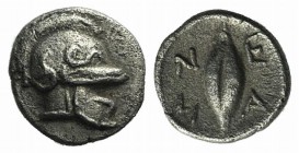 Troas, Neandria, c. 4th century BC. AR Hemiobol (6mm, 0.42g, 11h). Chalkidian helmet r. R/ Grain. SNG von Aulock 7626. Rare, slightly porous, Good VF