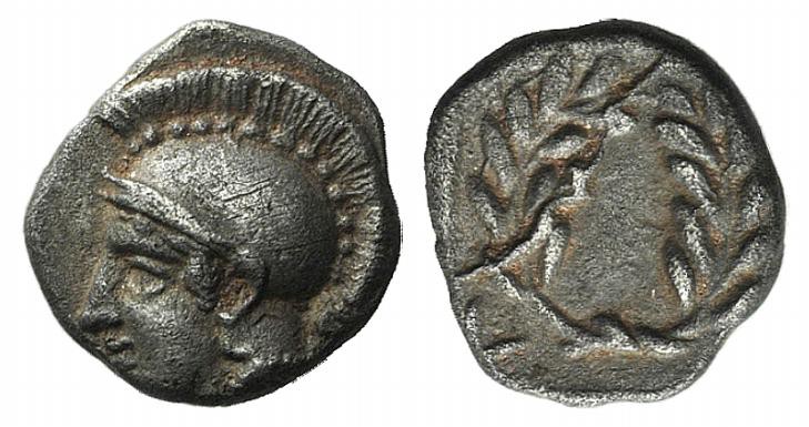 Aeolis, Elaia, c. 450-400 BC. AR Diobol (9mm, 1.26g, 6h). Helmeted head of Athen...