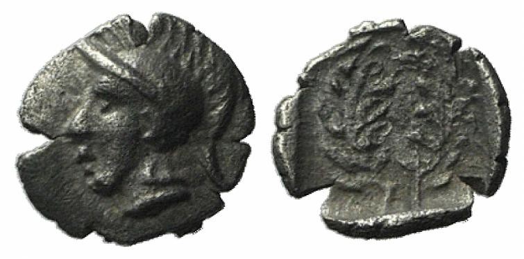 Aeolis, Elaia, c. 450-400 BC. AR Tetartemorion? (5mm, 0.12g, 9h). Helmeted head ...
