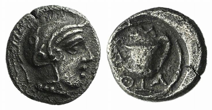 Lesbos, Methymna, c. 450-379 BC. AR Obol (7mm, 0.57g, 9h). Helmeted head of Athe...