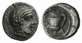 Lesbos, Methymna, c. 450-379 BC. AR Obol (7mm, 0.57g, 9h). Helmeted head of Athena r. R/ Kantharos. Franke 12; HGC 6, 904. VF