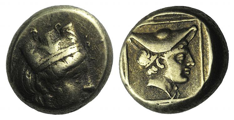 Lesbos, Mytilene, c. 412-378 BC. EL Hekte – Sixth Stater (9mm, 2.55g, 3h). Head ...
