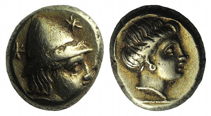 Lesbos, Mytilene, c. 377-326 BC. EL Hekte – Sixth Stater (9mm, 2.56g, 12h). Head...