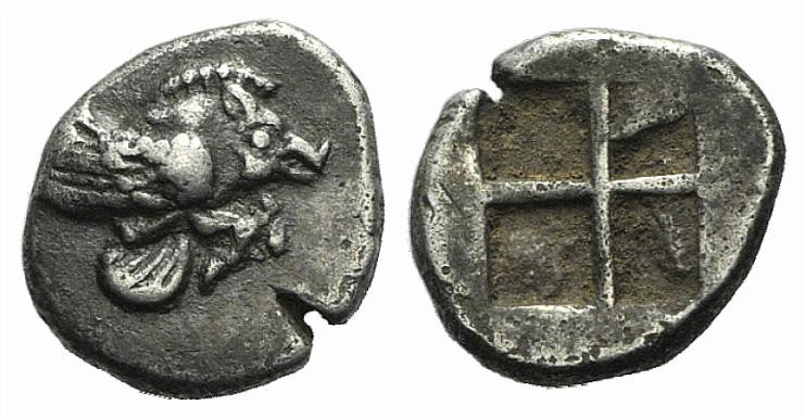 Ionia, Klazomenai, c. 480-400 BC. AR Diobol (9mm, 1.08g). Forepart of winged boa...