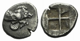 Ionia, Klazomenai, c. 480-400 BC. AR Diobol (9mm, 1.08g). Forepart of winged boar r. R/ Quadripartite incuse square. SNG München 451; SNG Kayhan 334; ...