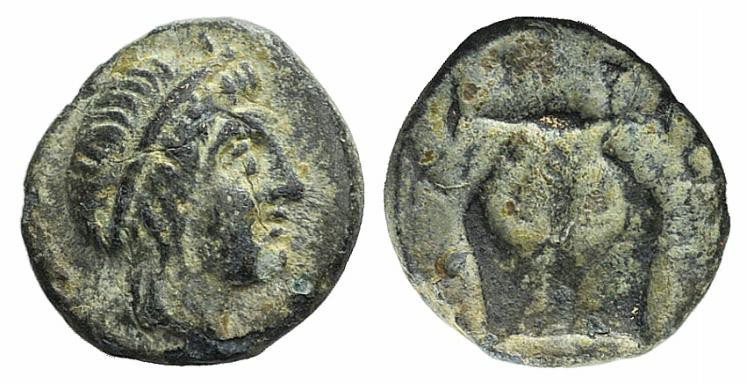 Ionia, Kolophon, c. 389-350 BC. Æ (10mm, 0.97g). Diademed head of Apollo r. R/ K...