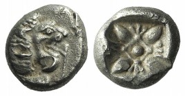Ionia, Miletos, late 6th-early 5th century BC. AR Diobol (8mm, 1.16g). Forepart of a lion l., head r. R/ Stellate design within square incuse. SNG Kay...