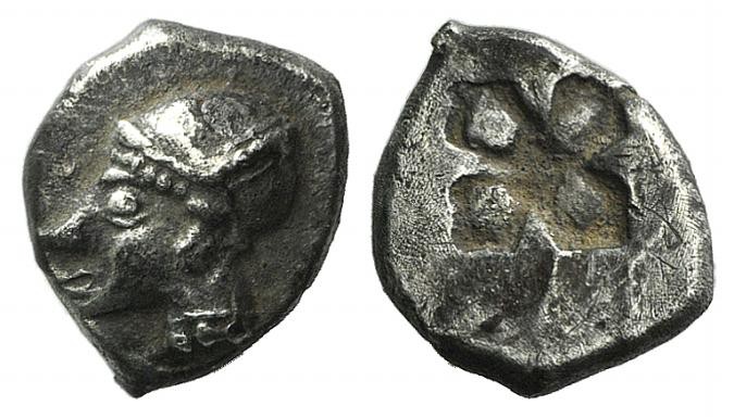 Ionia, Phokaia, c. 521-478 BC. AR Diobol (10mm, 1.38g). Archaic female head l. R...