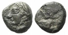 Ionia, Phokaia, c. 521-478 BC. AR Diobol (9mm, 1.33g). Archaic female head l. R/ Quadripartite incuse square. Klein 452-3. Good VF