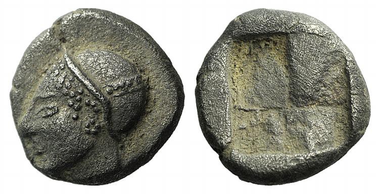 Ionia, Phokaia, c. 510-494 BC. AR Diobol (8mm, 1.28g). Helmeted female head l., ...
