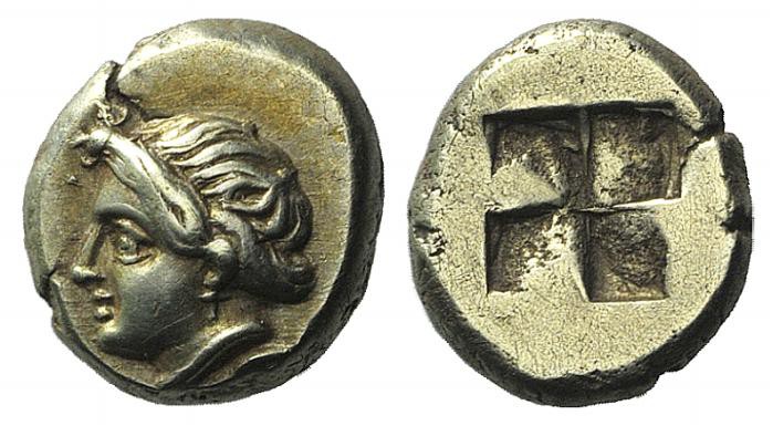 Ionia, Phokaia, c. 387-326 BC. EL Hekte – Sixth Stater (10mm, 2.56g). Head of fe...