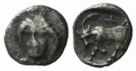 Ionia, Phygela, c. 400-350 BC. AR Hemiobol (7mm, 0.33g, 9h). Head of Artemis Munychia facing slightly l. R/ Bull butting l., palm and cross above. SNG...