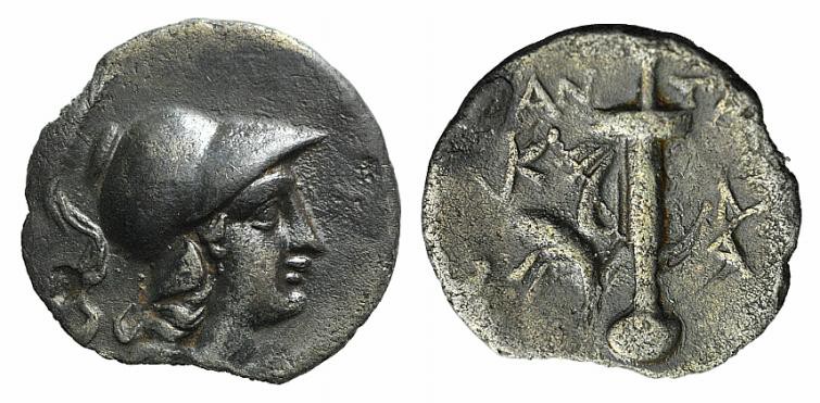 Caria, Kaunos, c. 166-150 BC. AR Hemidrachm (11mm, 0.77g, 12h). Antai(os), magis...