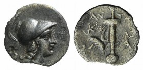 Caria, Kaunos, c. 166-150 BC. AR Hemidrachm (11mm, 0.77g, 12h). Antai(os), magistrate. Helmeted head of Athena r. R/ Sword in sheath with strap; fille...