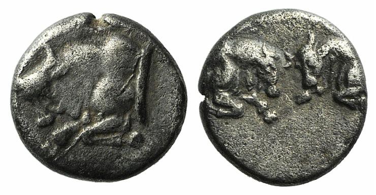 Caria, Uncertain, c. 500-450 BC. AR Hemiobol (6mm, 0.44g, 3h). Confronted forepa...