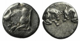 Caria, Uncertain, c. 500-450 BC. AR Hemiobol (6mm, 0.44g, 3h). Confronted foreparts of two bulls. R/ Forepart of bull l. SNG Keckman 912; SNG Kayhan 9...