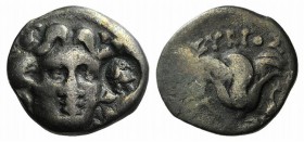 Islands of Caria, Rhodes, c. 229-205 BC. AR Drachm (14mm, 2.55g, 12h). […]ykios, magistrate. Head of Helios facing slightly r.; c/m: head of Dionysos(...